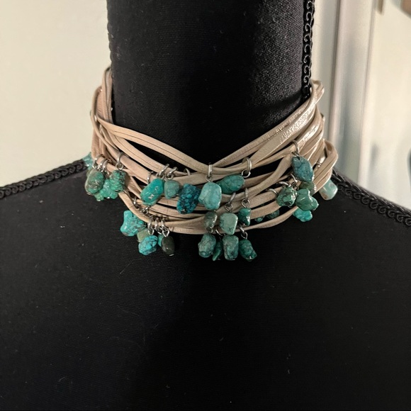 Y2K vintage Leather And Beaded Turquoise Adjustable Choker Necklace - Picture 1 of 6